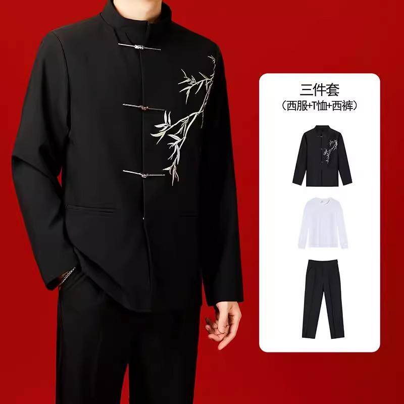 新中式中国风改良中山装男士春秋2025垫肩西装外套翠竹刺绣套装