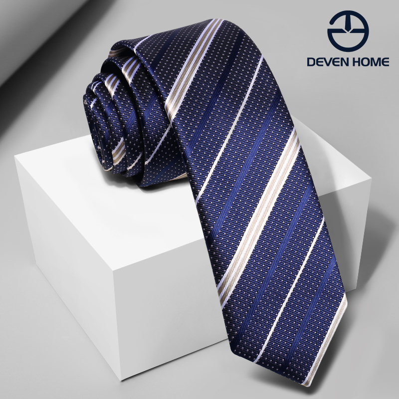 devenhome深蓝色条纹领带男时尚窄领带韩版5cm银灰色波点礼盒装潮