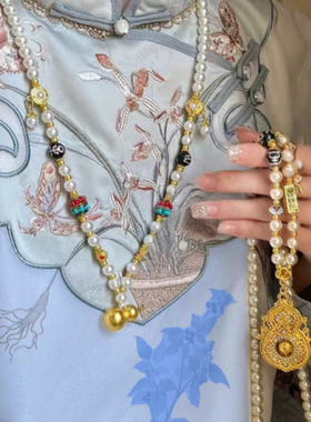 古法镶钻葫芦仿珍珠新中式项链女百搭国风唐装旗袍高级感长款配饰