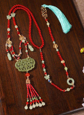 新中式国风旗袍长款流苏民族风串珠项链汉服古风仿玉佩毛衣链配饰