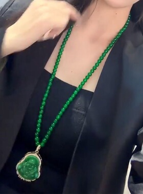 新中式国风串珠珍珠仿翡翠绿色弥勒佛项链女时尚毛衣链长款佛祖