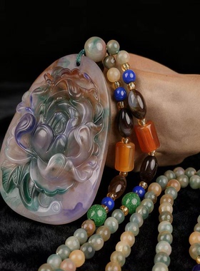 新中式国风串珠木珠毛衣链仿七彩斑灵石雕刻吊坠福禄龙牌旗袍配饰