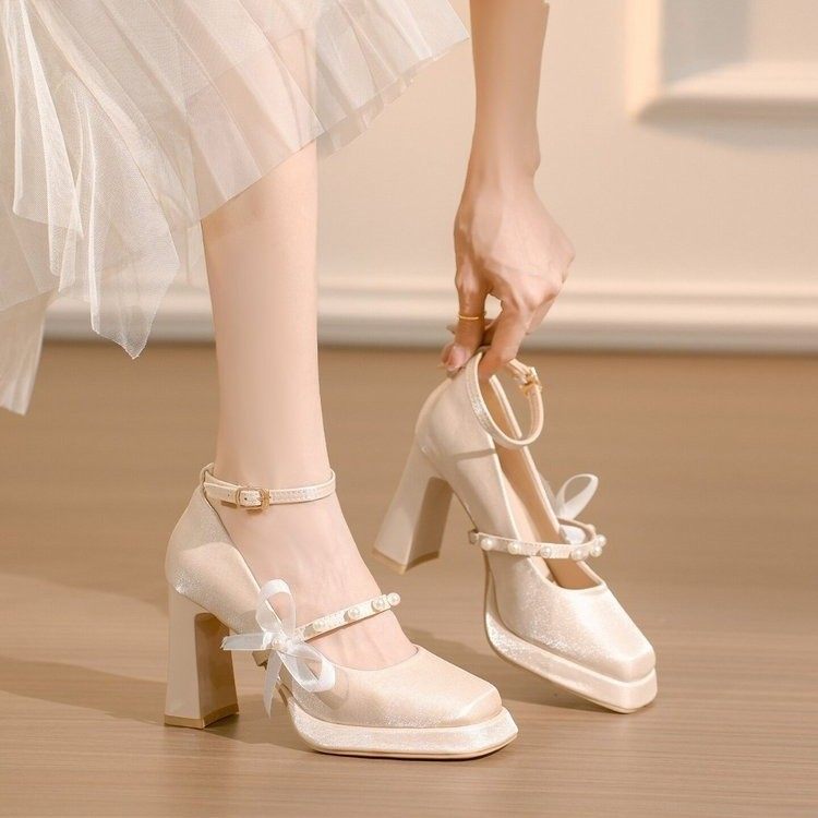 法式香槟色方头玛丽珍鞋女2026年一字扣厚底粗跟结婚鞋高跟鞋不累,女鞋,婚鞋,淘宝优惠券,粉丝福利购,淘宝优惠卷