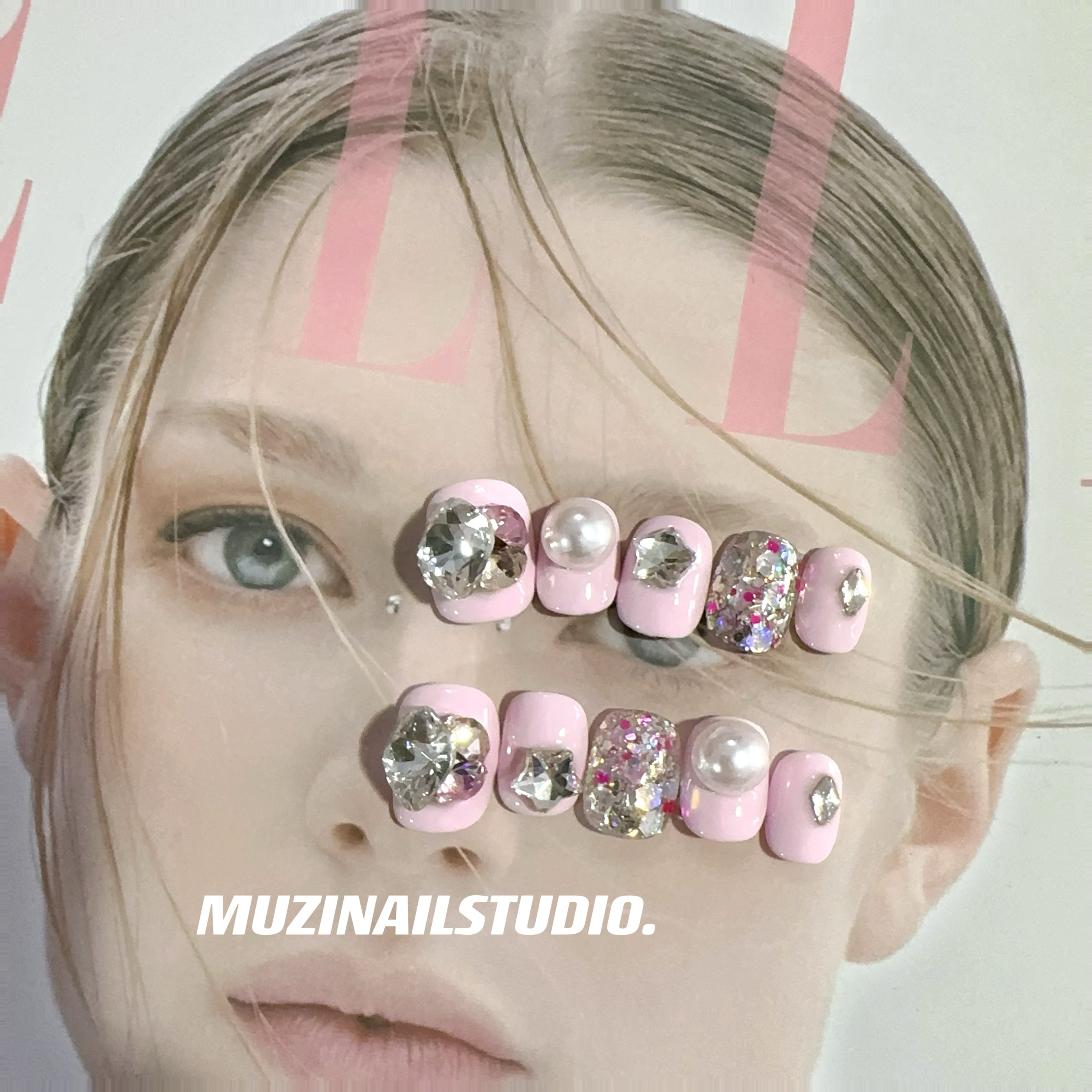 【MUZI穿戴甲】少女粉贴钻亮片美甲手工定制穿戴甲短款指甲可拆卸