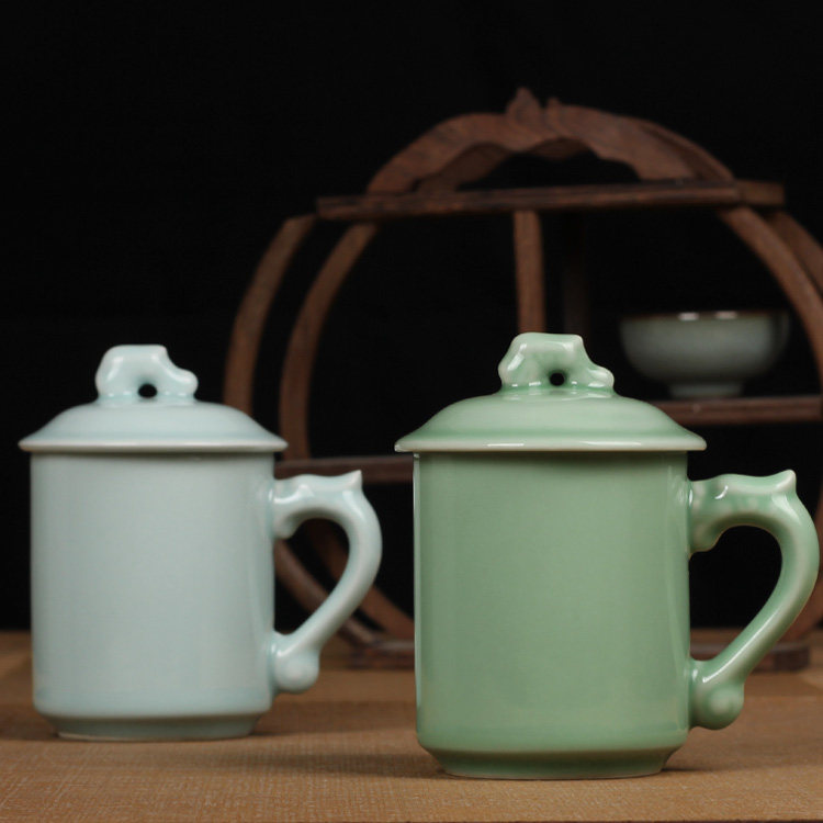 青瓷家用茶杯足浴店开业送礼陶瓷水杯带盖带把隔热会议定制logol