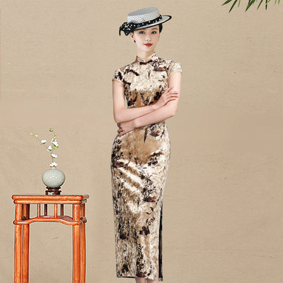 高档丝绒旗袍长款修身传统手工复古老上海滩苏杭新中式改良年轻款