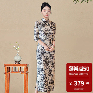 烂花绒旗袍长款中长袖日常生活装素雅素色中国元素老上海传统复古