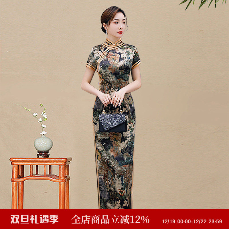 高端绸缎旗袍裙长款短袖走秀演出礼仪礼服老上海苏杭海派复古新式