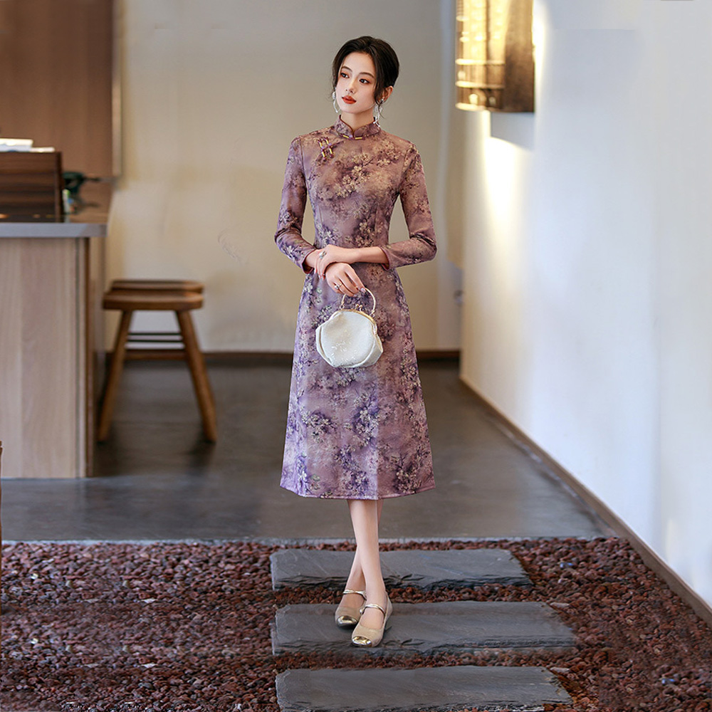 紫色国风新中式秋季长袖改良旗袍