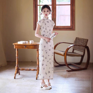 十字麻新中式复古风改良旗袍女春气质素雅碎花长裙日常国风连衣裙