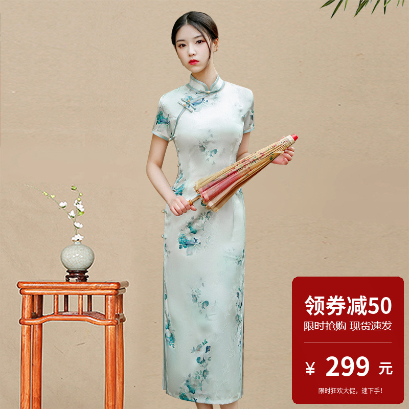 绸缎旗袍长款新式年轻款高端气质精致微胖潮流现代女改良时尚海派