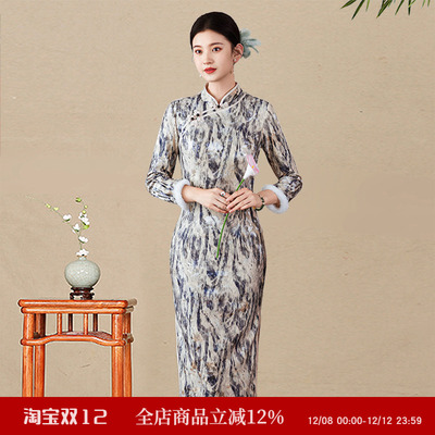 丝绒加绒加厚长袖旗袍