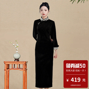 黑色复古气质旗袍女新中式2025新款高端大气丝绒长袖纯色日常可穿