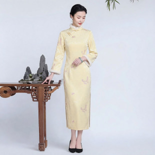 加绒加厚旗袍裙长款长袖新中式女小个子日常穿搭年轻款冬天连衣裙