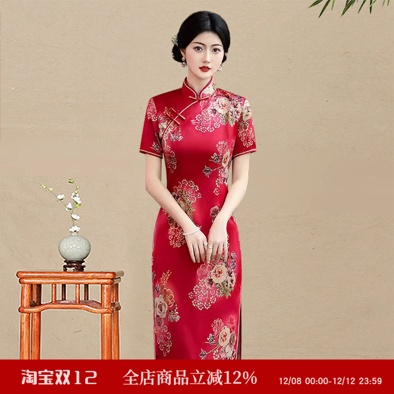 仿香云纱烫金旗袍中长款红底大花图案日常生活装老上海高端丝绸缎