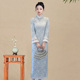 长袖 改良旗袍女2025新款 复古风冬季 蓝色加绒新中式 长裙妈妈装 日常