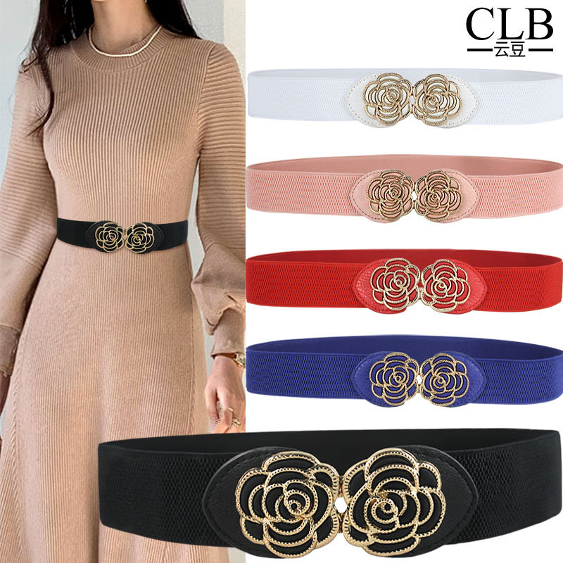 甜美松紧腰带女装饰连衣裙4cm宽弹力橡皮筋花朵腰封毛衣时尚装饰