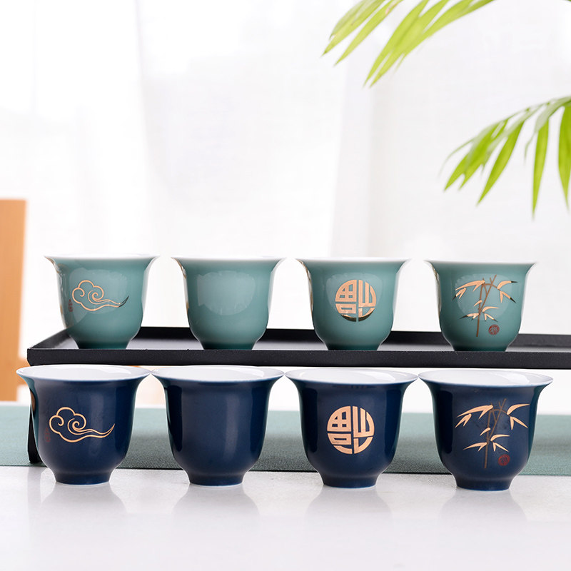 霁蓝青瓷福款闻香杯创意简约小号美人茶杯手绘功夫茶具品茗杯定制_虎窝淘