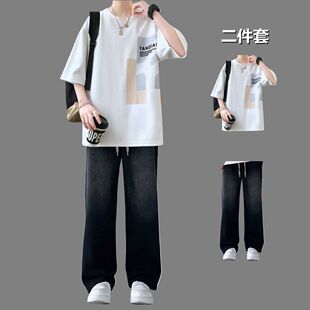青少年夏季纯棉短袖T恤休闲运动套装牛仔裤韩版男生五分袖宽松