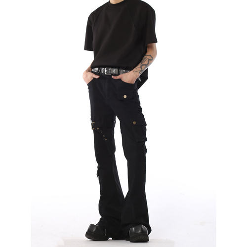 76STREET美式高街vibe绑带微喇牛仔裤男显瘦微弹工装直筒黑色裤子
