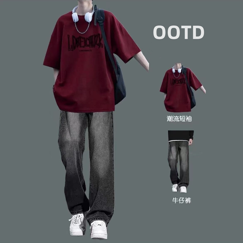 纯棉圆领T恤短袖夏季休闲百搭运动套装男痞帅时尚帅气潮流牛仔裤