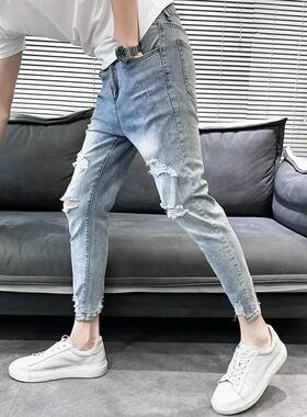 毛边破洞牛仔裤男士韩版修身小脚弹力乞丐裤潮牌夏季薄款九分裤子