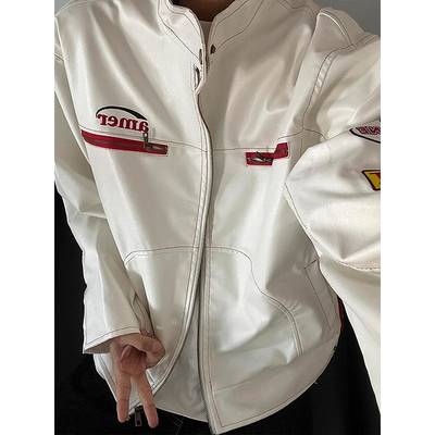 白色短款皮衣外套男春秋款潮牌高级感美式高街机车服立领刺绣夹克