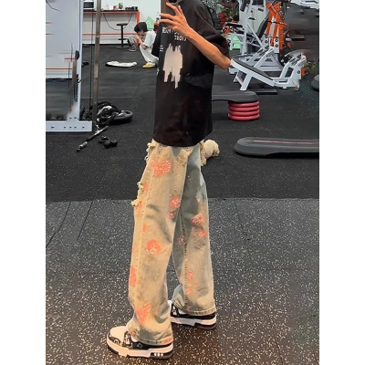 玫瑰花卉破洞牛仔裤男款夏季美式高街设计感裤子显瘦直筒微喇长裤