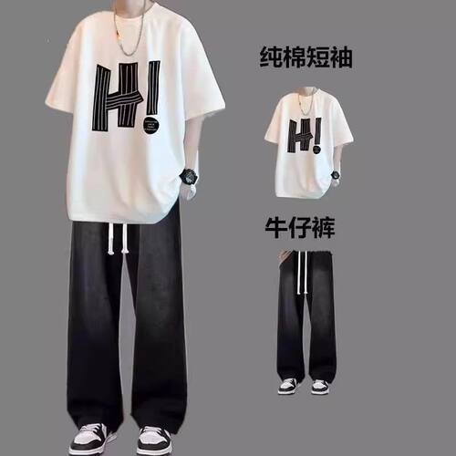 牛仔裤纯棉字母印花短袖T恤夏季休闲运动套装宽松五分袖韩版ins