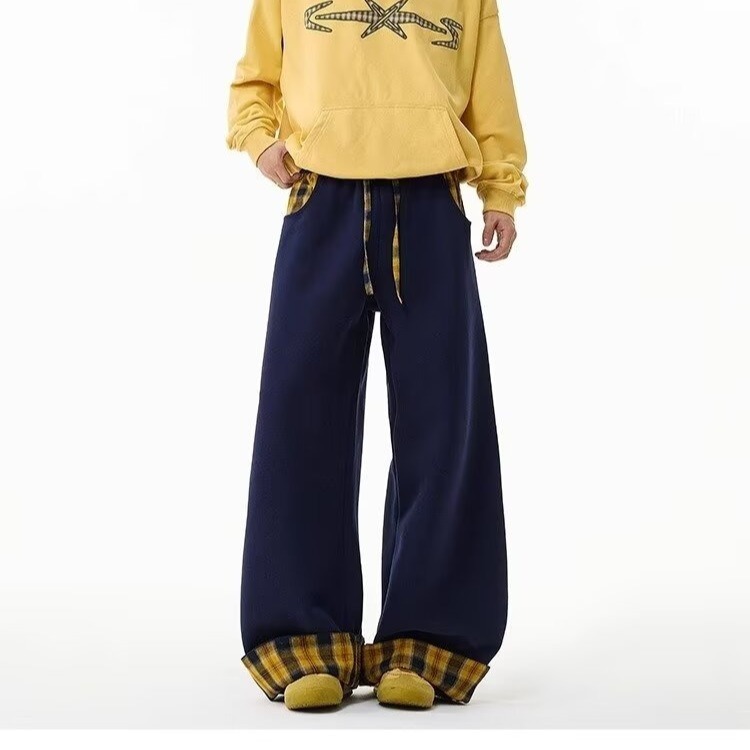 美式格纹拼接休闲裤男女秋季复古hiphop运动长裤高街潮牌阔腿裤子