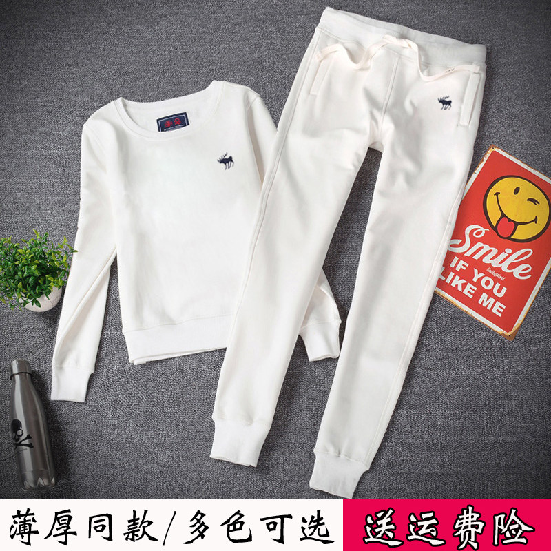 秋冬圆领套装卫衣女薄小鹿卫裤加绒休闲运动学生白色bf两件套装