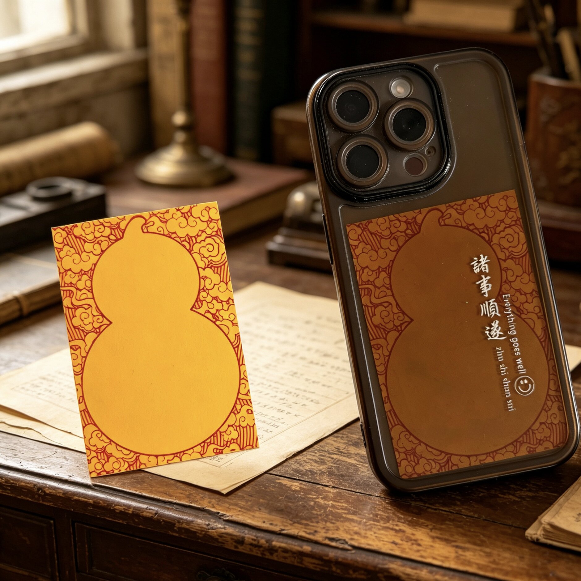 道系福纸新品古风道系线条用福禄方圆手机壳毛笔书法祝福黄纸定制