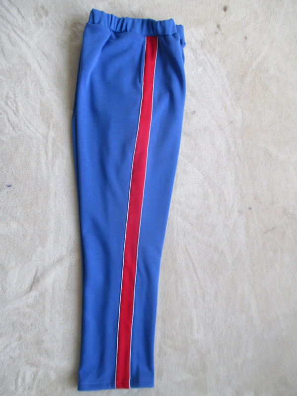 秋冬浅宝蓝色2道白细杠拼红杠纯棉高腰直筒校裤男女生长裤