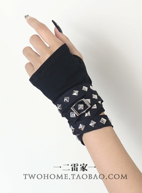 黑化庞克机能风铆钉缠绕护腕个性颓废半指手袖套亚文化女腕带酷帅