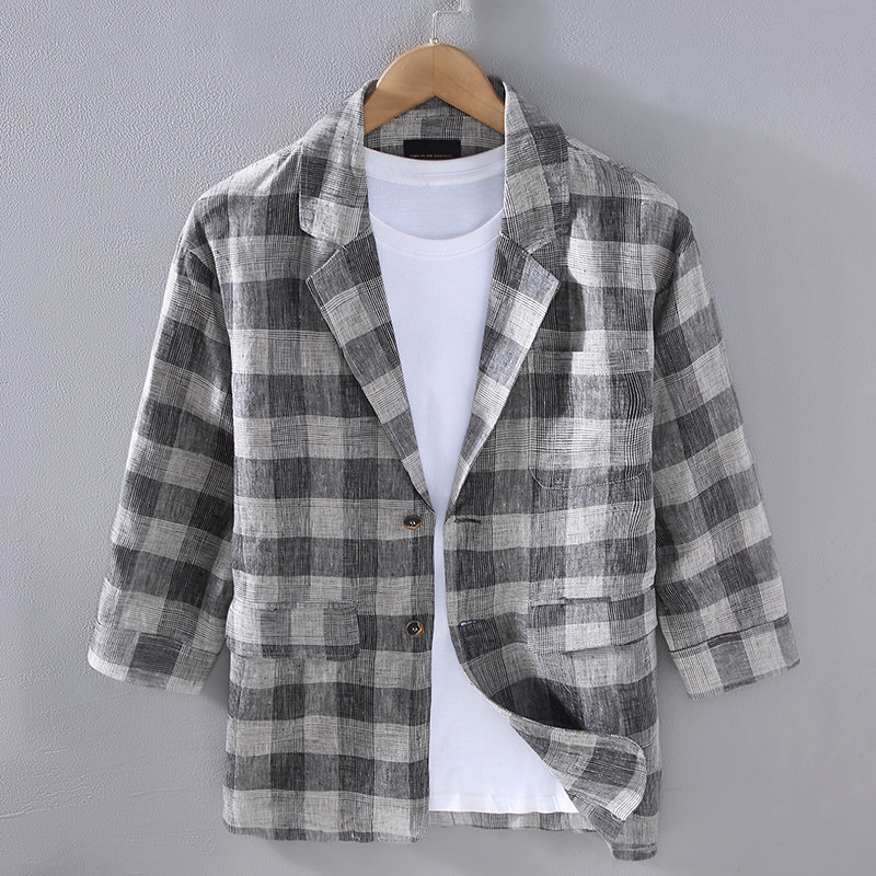 七分袖格子亚麻西装男夏季薄款休闲上衣复古棉麻西服中袖单层外套