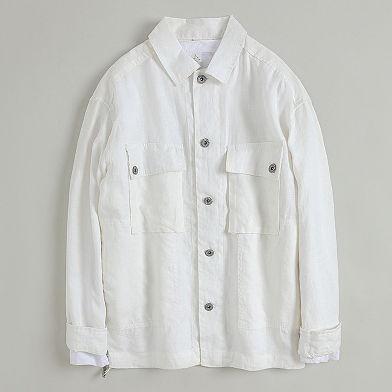 日系工装亚麻衬衫外套男夏季薄款宽松大码夹克休闲复古棉麻上衣潮