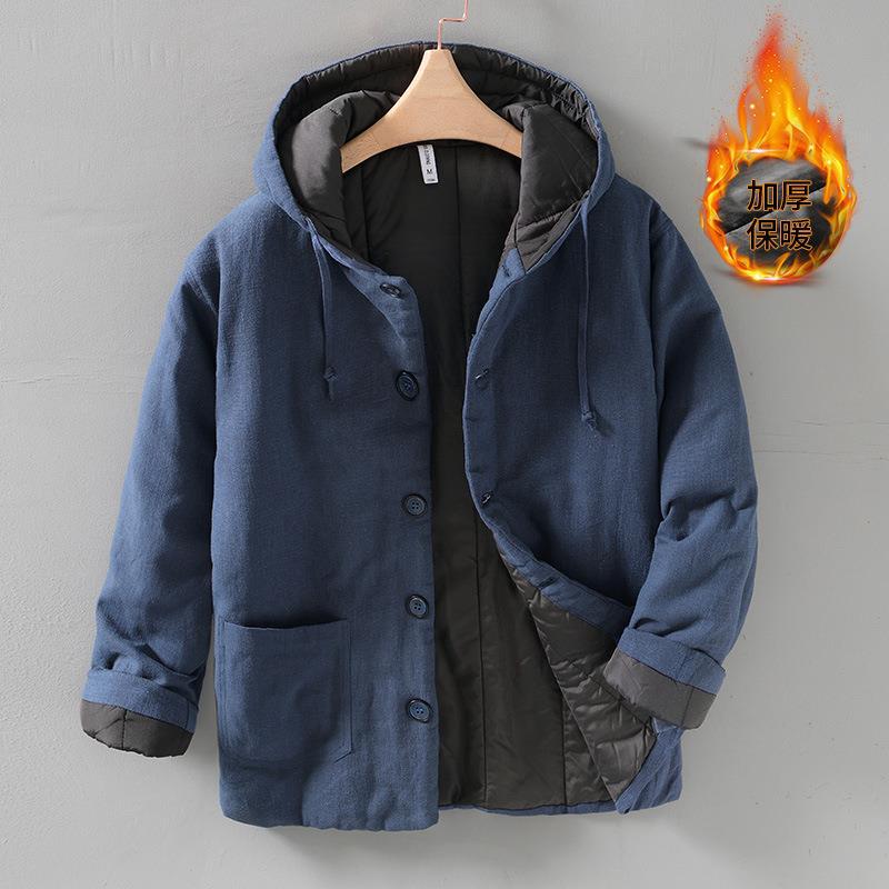 中国风苎麻连帽棉衣男冬季加厚