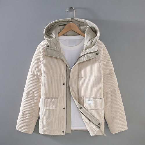 灯芯绒短款连帽羽绒服男