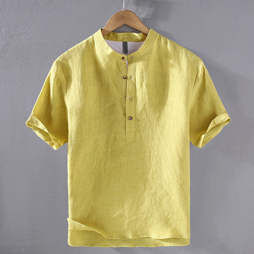高端立领纯亚麻衬衫男短袖夏季薄款上衣日系复古套头衬衣半袖潮流