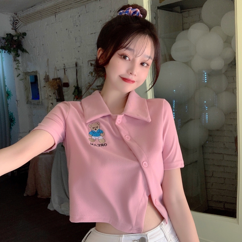 實拍  不規則刺繡小熊短袖t恤女POLO領