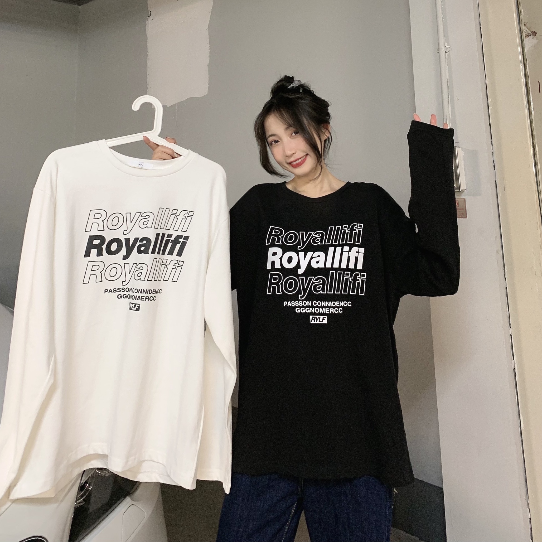 Real shot long sleeve T-shirt women's loose Japanese Korean fashion letter T-shirt