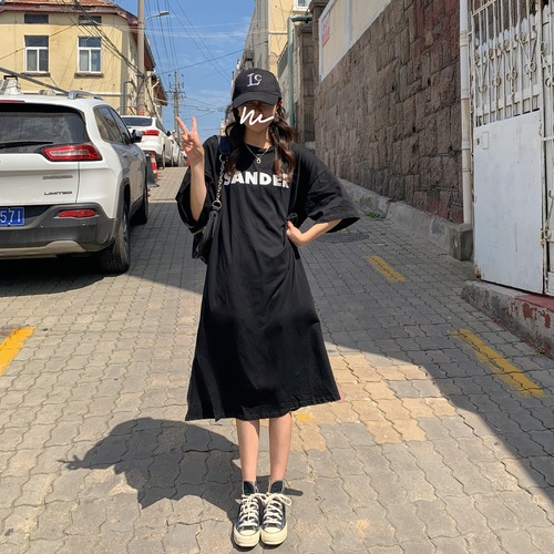 Actual shooting of summer new Korean version sweater long skirt letter split loose straight T-shirt dress female