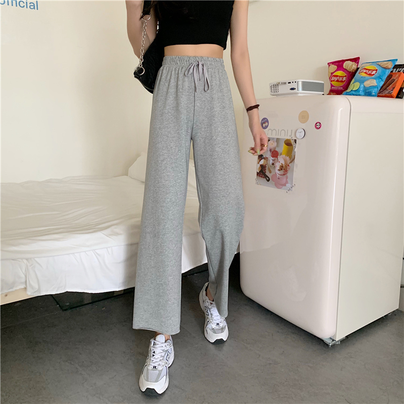 Real shot grey sports pants women's loose straight tube summer wide legs high waist down feeling thin
