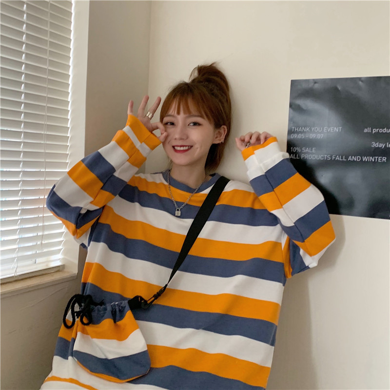 Real shot sweater early spring small vertical stripe top tide salt round neck Pullover loose coat