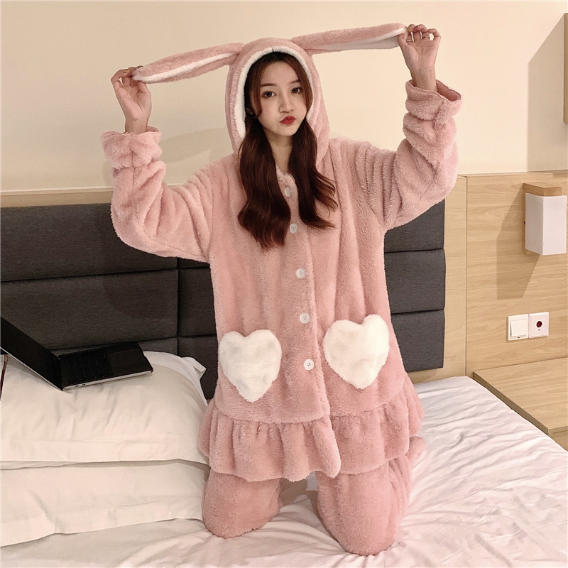 Real shooting autumn and winter double faced velvet pajamas cute hooded cartoon rabbit ear loose fitting 2-piece suit