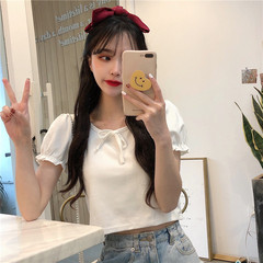實拍  蝴蝶結短袖t恤女網紅木耳邊半袖短款上衣潮