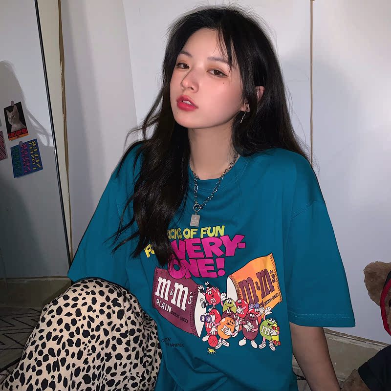 Cartoon printed couple's short sleeve T-shirt student loose t-shirt female round neck BF half sleeve