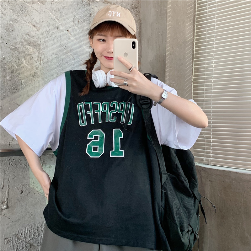 Real shot new fake two college style sleeve T-shirt versatile loose student T-Shirt Top Fashion