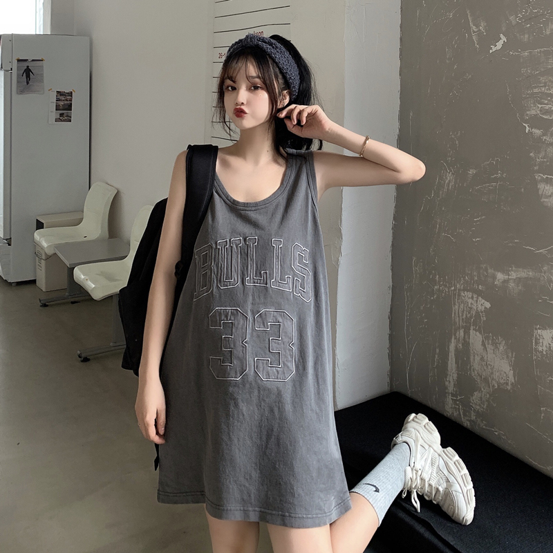 實拍  刺繡夏季復古無袖背心女籃球服運動上衣