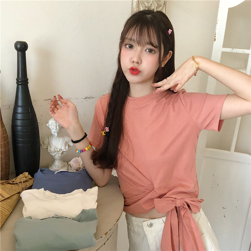 實拍 短款高腰下擺打結短袖t恤女露臍心機上衣